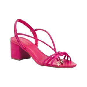 AREZZO Pink Made In Brazil Nubuck Leather Camila Mid Block Heeled Sandals